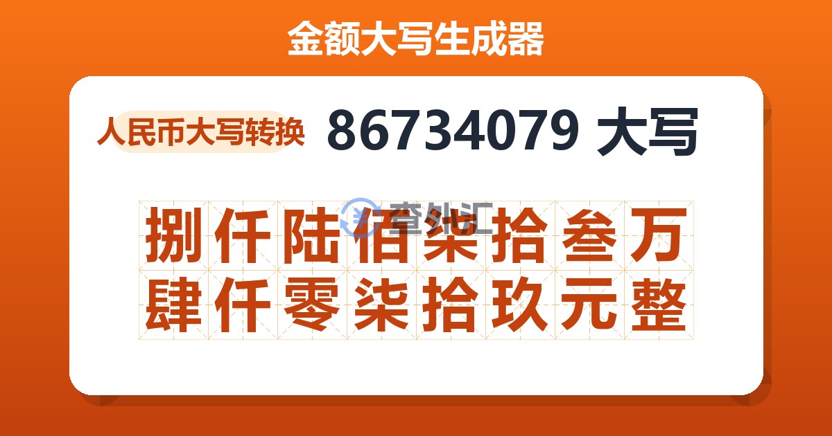 86734079大写 捌仟陆佰柒拾叁万肆仟零柒拾玖元整