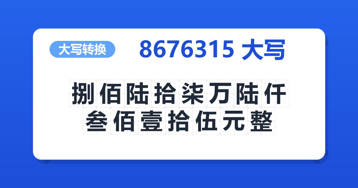 8676315大写 捌佰陆拾柒万陆仟叁佰壹拾伍元整