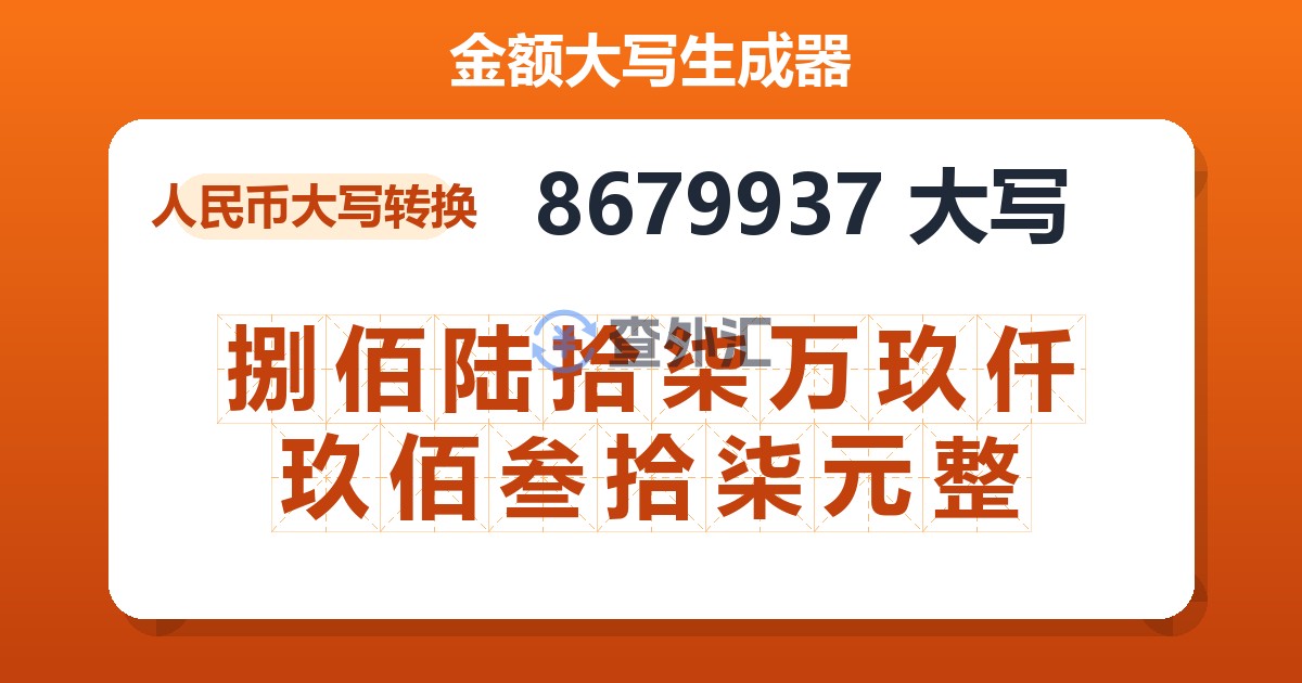 8679937大写 捌佰陆拾柒万玖仟玖佰叁拾柒元整