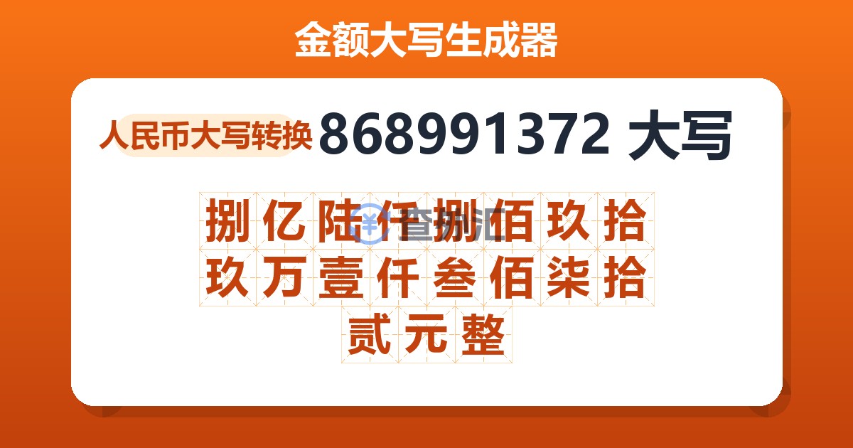 868991372大写 捌亿陆仟捌佰玖拾玖万壹仟叁佰柒拾贰元整
