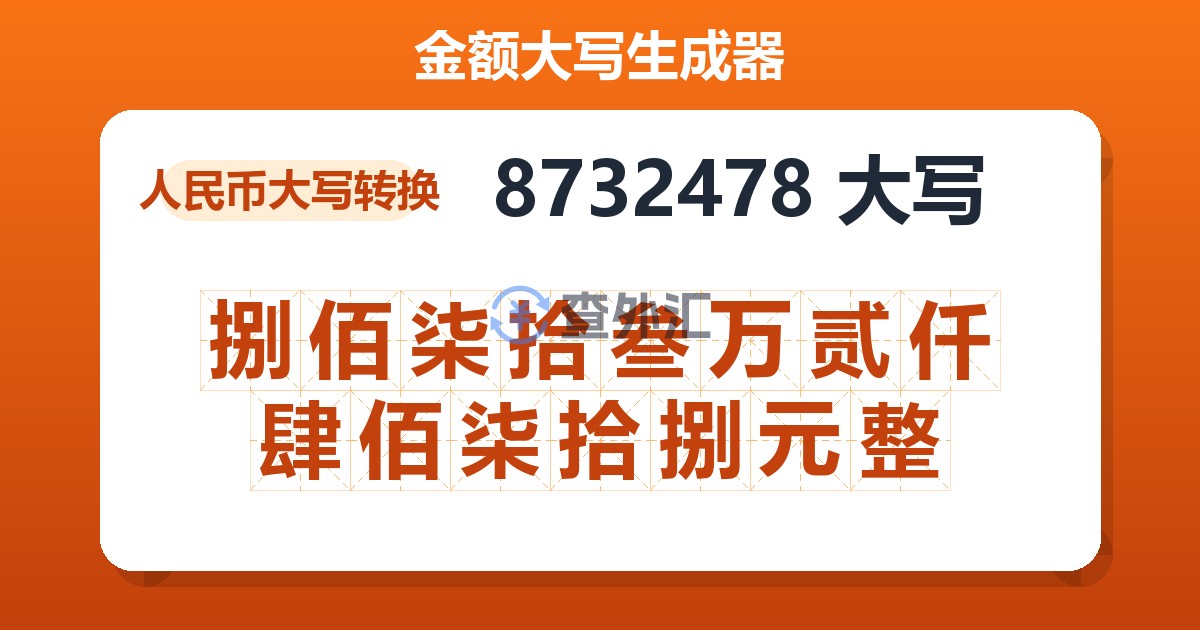 8732478大写 捌佰柒拾叁万贰仟肆佰柒拾捌元整