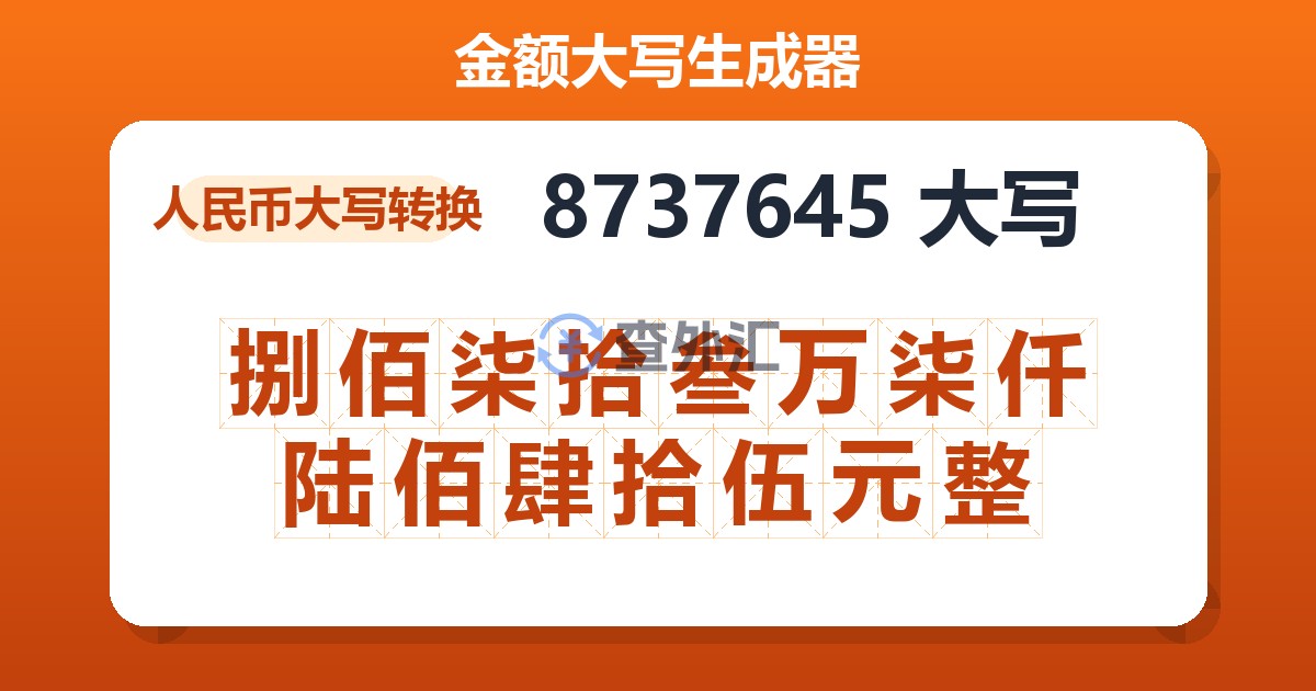 8737645大写 捌佰柒拾叁万柒仟陆佰肆拾伍元整