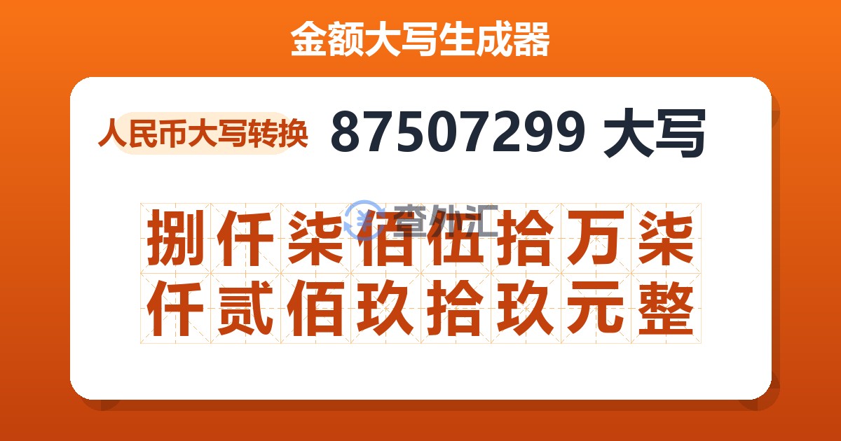 87507299大写 捌仟柒佰伍拾万柒仟贰佰玖拾玖元整
