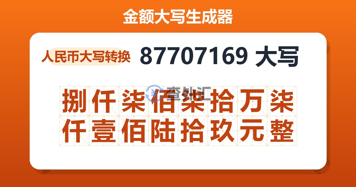87707169大写 捌仟柒佰柒拾万柒仟壹佰陆拾玖元整