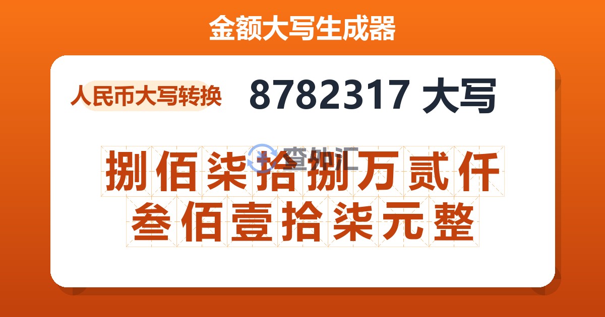 8782317大写 捌佰柒拾捌万贰仟叁佰壹拾柒元整