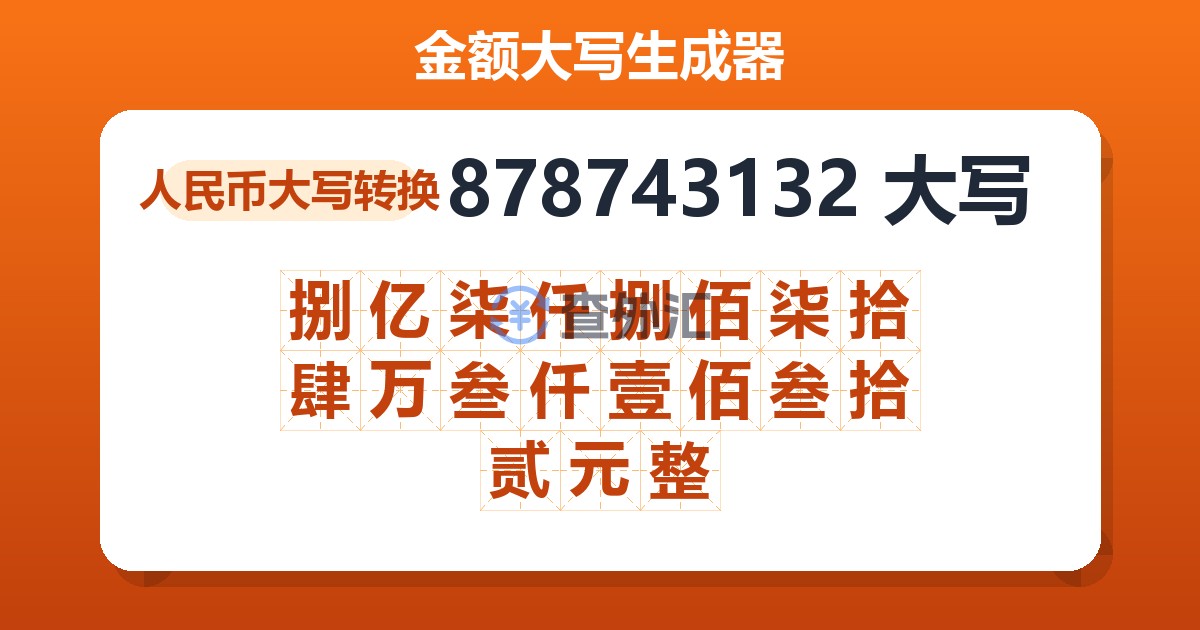 878743132大写 捌亿柒仟捌佰柒拾肆万叁仟壹佰叁拾贰元整