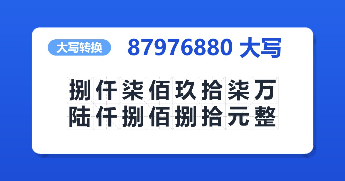 87976880大写 捌仟柒佰玖拾柒万陆仟捌佰捌拾元整