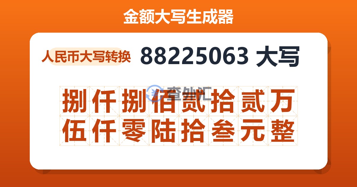 88225063大写 捌仟捌佰贰拾贰万伍仟零陆拾叁元整