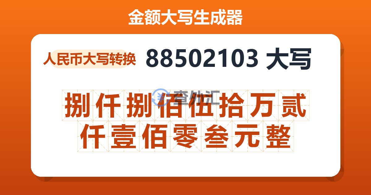 88502103大写 捌仟捌佰伍拾万贰仟壹佰零叁元整