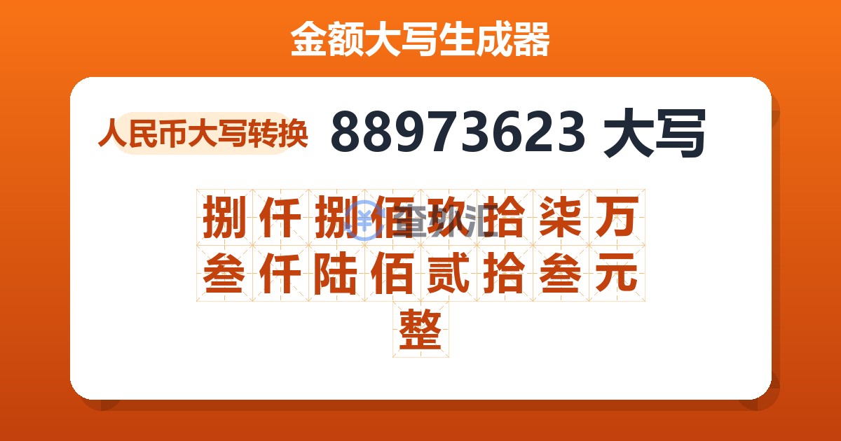 88973623大写 捌仟捌佰玖拾柒万叁仟陆佰贰拾叁元整