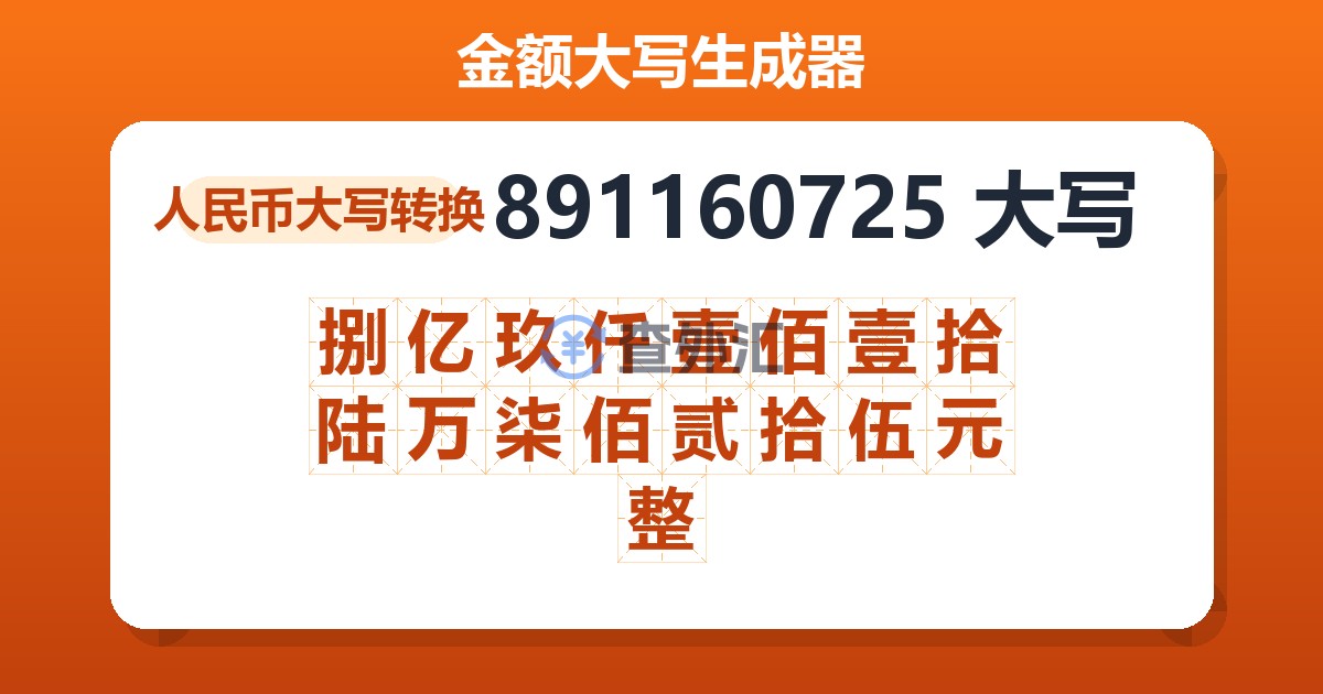 891160725大写 捌亿玖仟壹佰壹拾陆万柒佰贰拾伍元整