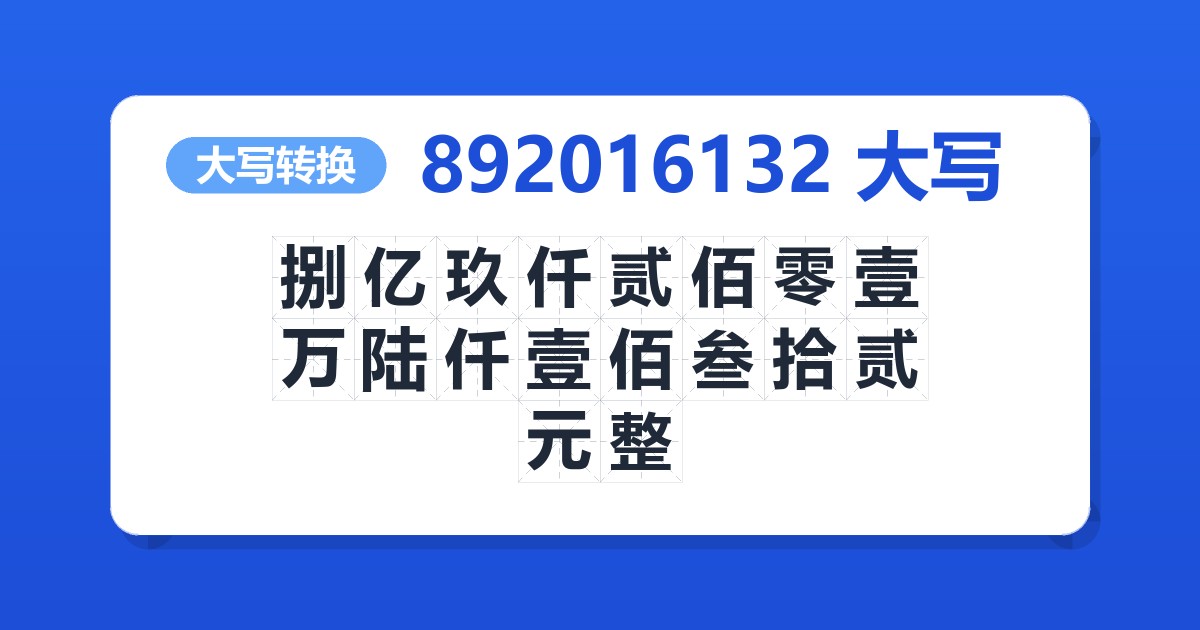 892016132大写 捌亿玖仟贰佰零壹万陆仟壹佰叁拾贰元整