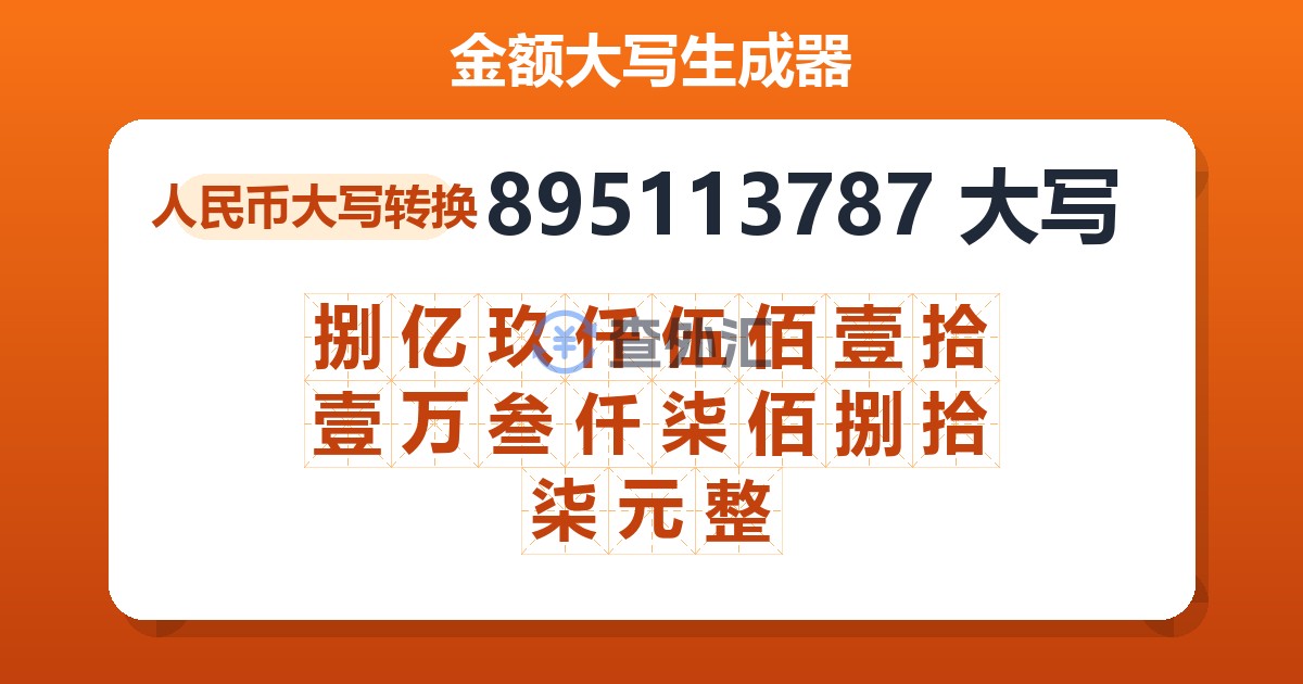 895113787大写 捌亿玖仟伍佰壹拾壹万叁仟柒佰捌拾柒元整
