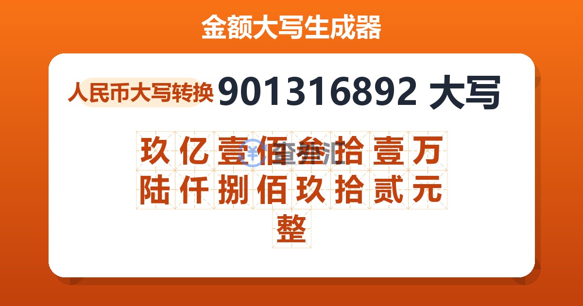 901316892大写 玖亿壹佰叁拾壹万陆仟捌佰玖拾贰元整