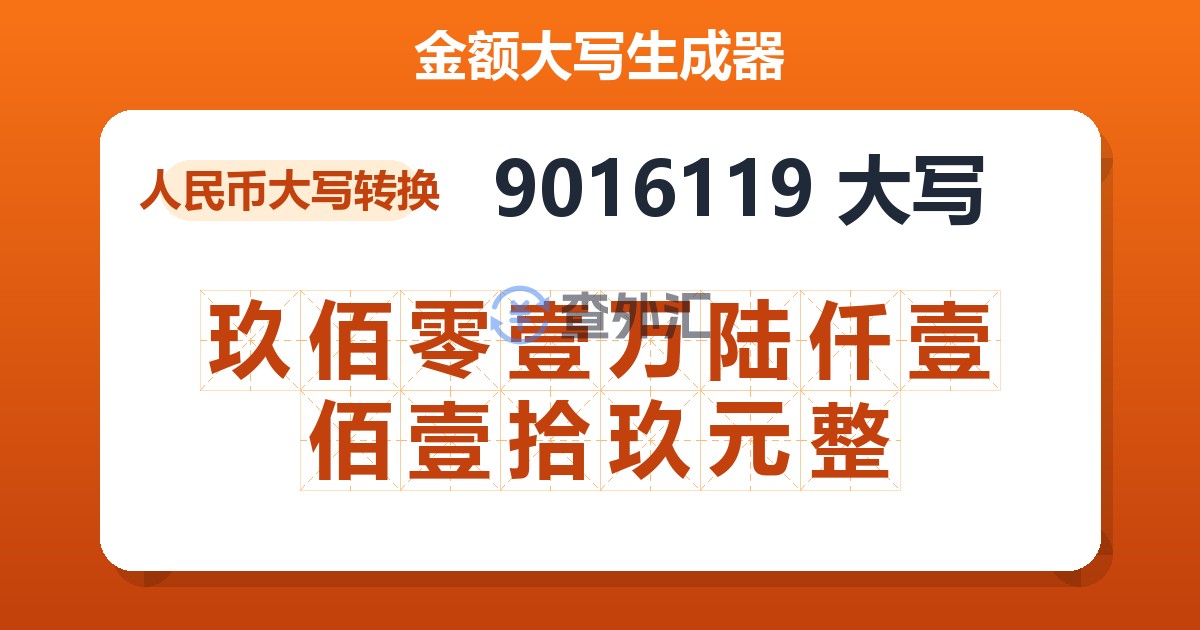9016119大写 玖佰零壹万陆仟壹佰壹拾玖元整