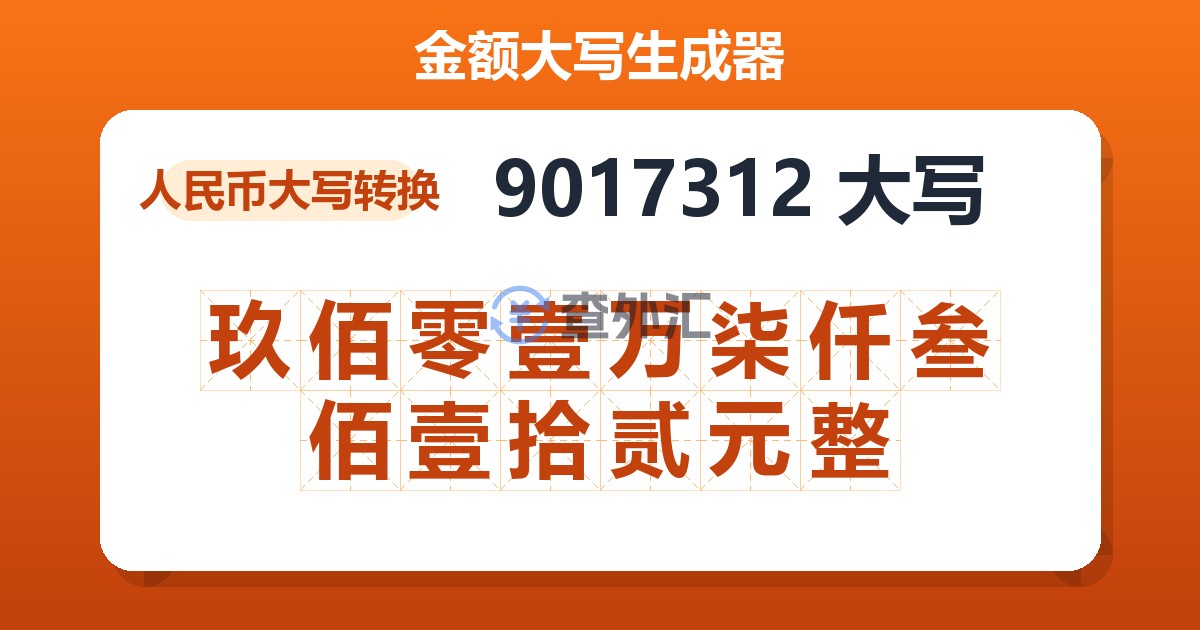 9017312大写 玖佰零壹万柒仟叁佰壹拾贰元整