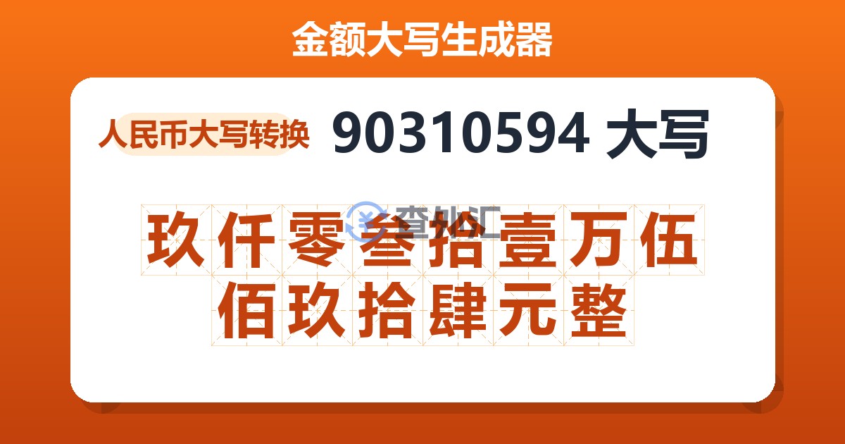 90310594大写 玖仟零叁拾壹万伍佰玖拾肆元整