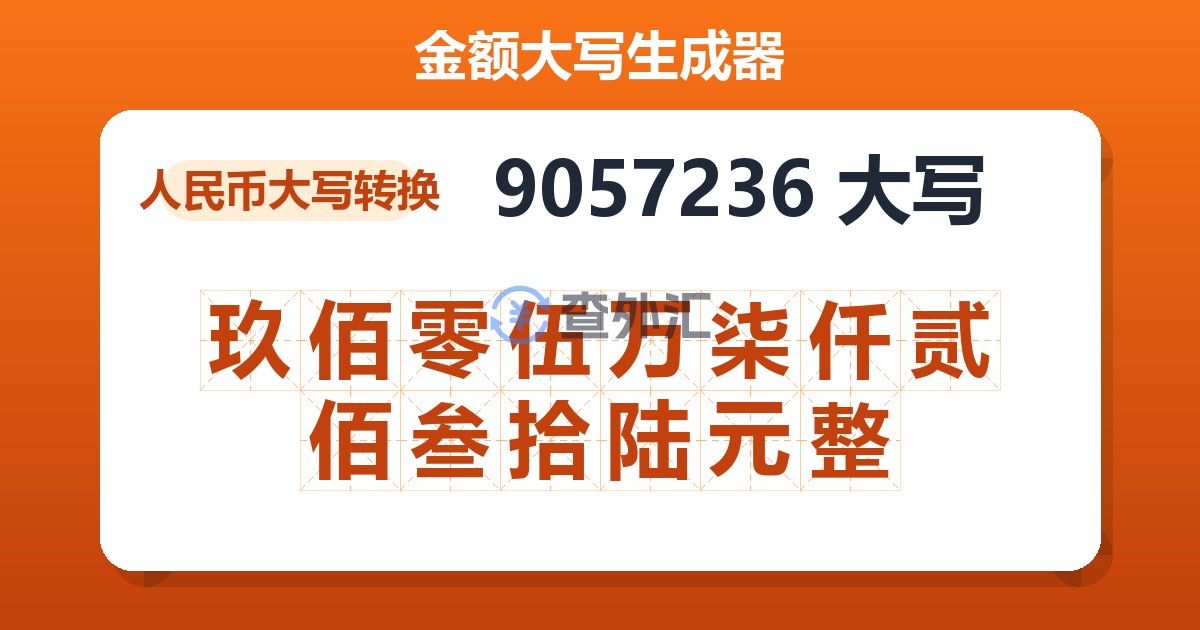 9057236大写 玖佰零伍万柒仟贰佰叁拾陆元整