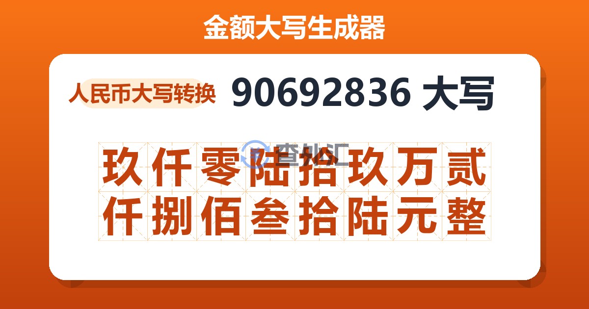 90692836大写 玖仟零陆拾玖万贰仟捌佰叁拾陆元整