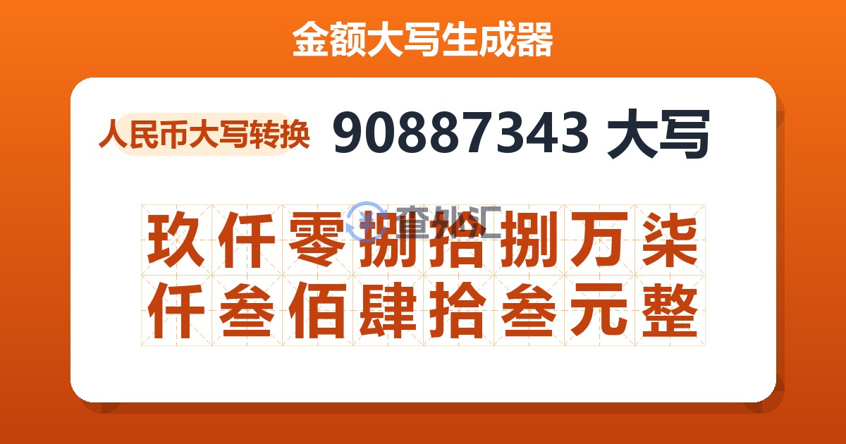 90887343大写 玖仟零捌拾捌万柒仟叁佰肆拾叁元整