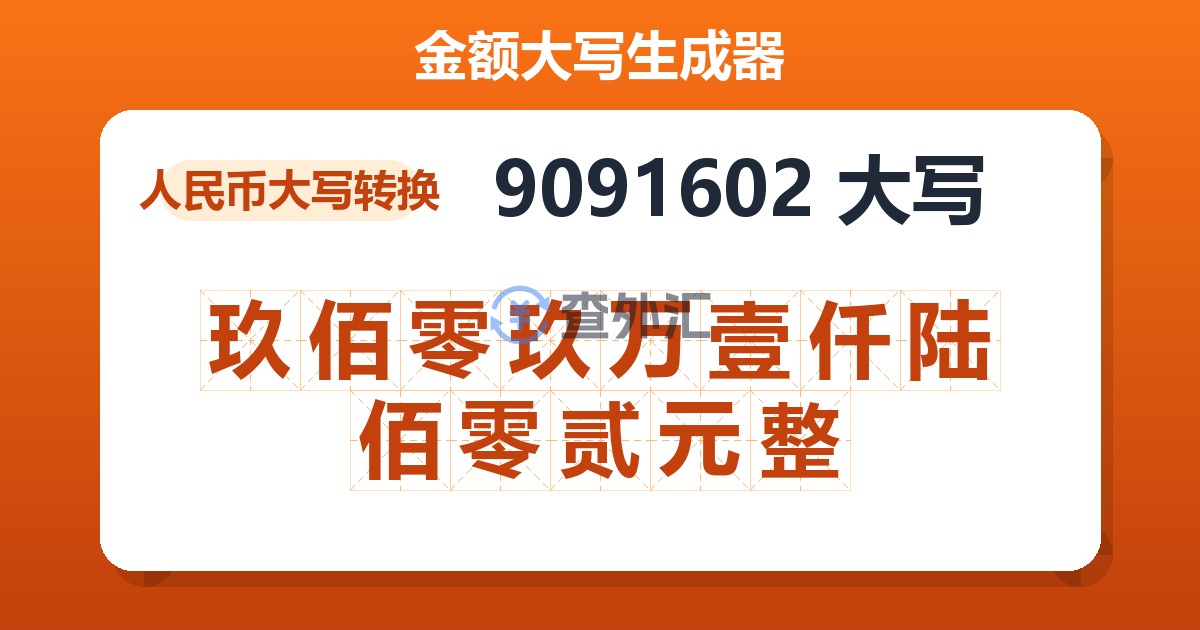 9091602大写 玖佰零玖万壹仟陆佰零贰元整