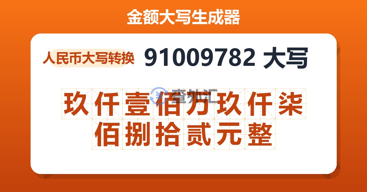 91009782大写 玖仟壹佰万玖仟柒佰捌拾贰元整