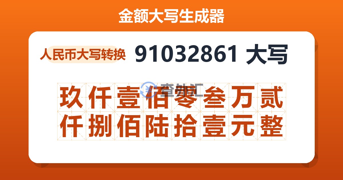 91032861大写 玖仟壹佰零叁万贰仟捌佰陆拾壹元整