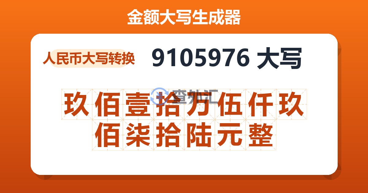 9105976大写 玖佰壹拾万伍仟玖佰柒拾陆元整