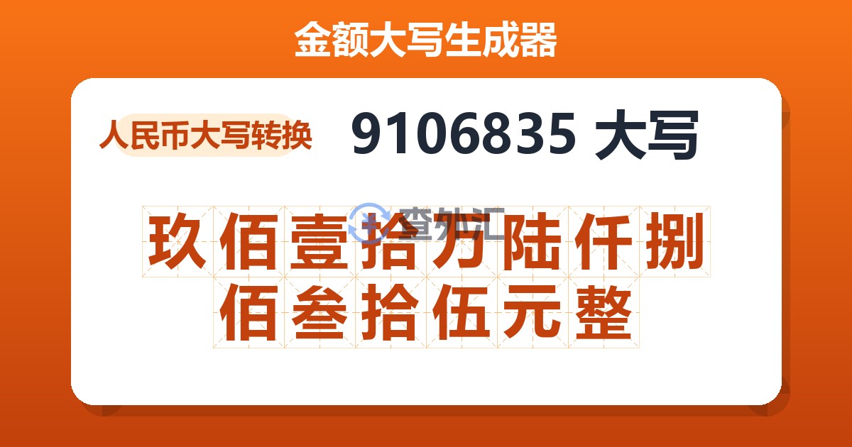 9106835大写 玖佰壹拾万陆仟捌佰叁拾伍元整