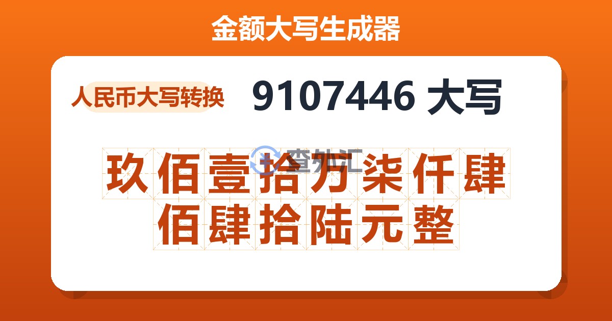 9107446大写 玖佰壹拾万柒仟肆佰肆拾陆元整