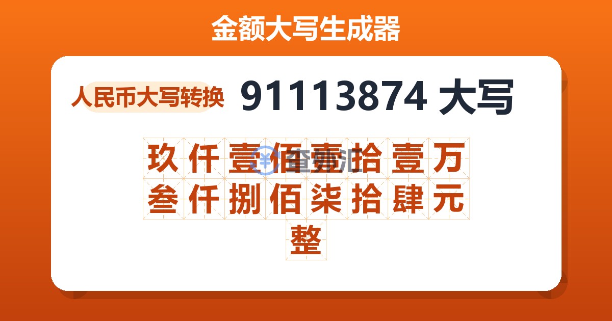 91113874大写 玖仟壹佰壹拾壹万叁仟捌佰柒拾肆元整