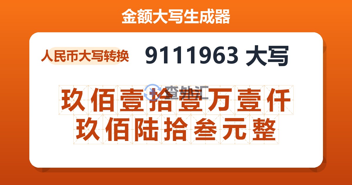 9111963大写 玖佰壹拾壹万壹仟玖佰陆拾叁元整