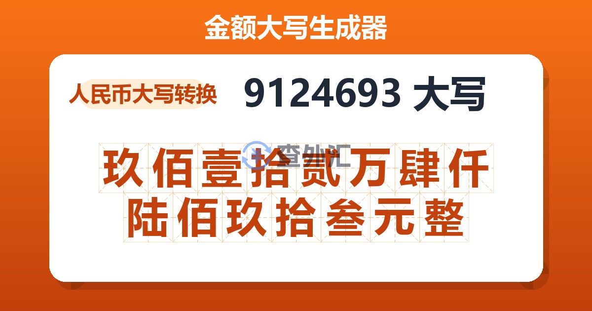 9124693大写 玖佰壹拾贰万肆仟陆佰玖拾叁元整