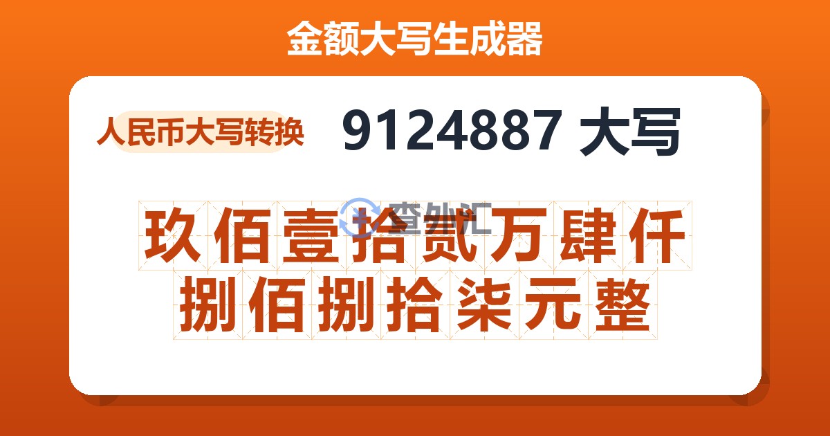 9124887大写 玖佰壹拾贰万肆仟捌佰捌拾柒元整