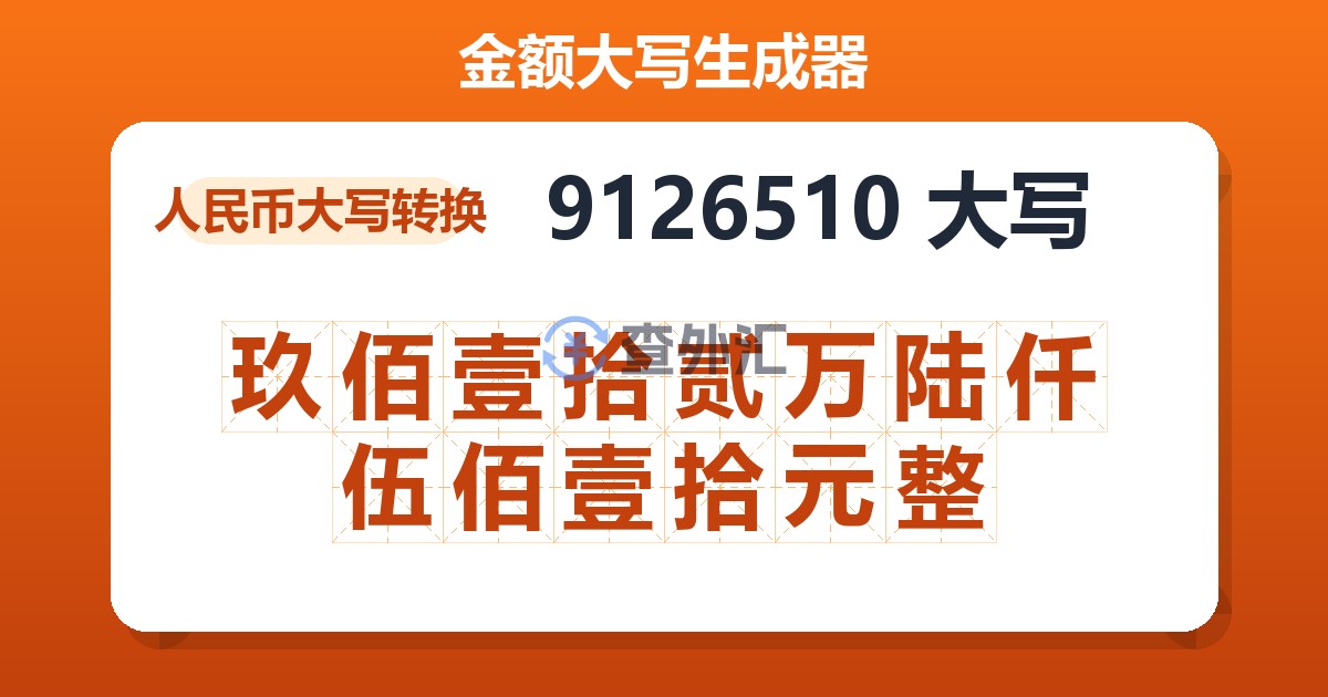 9126510大写 玖佰壹拾贰万陆仟伍佰壹拾元整