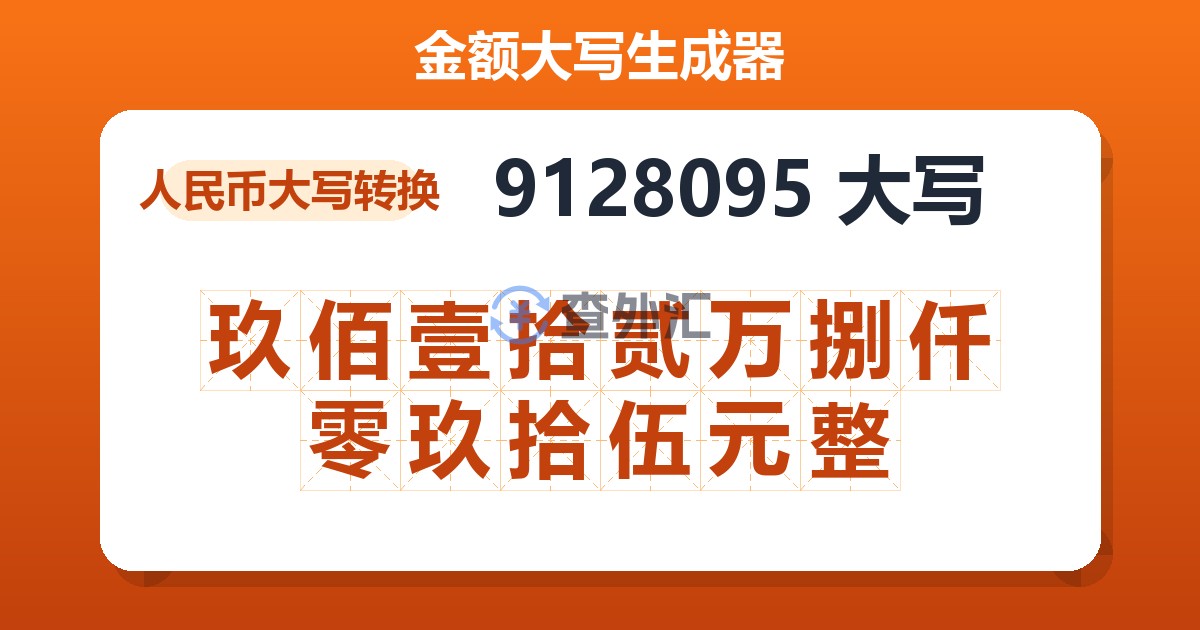 9128095大写 玖佰壹拾贰万捌仟零玖拾伍元整