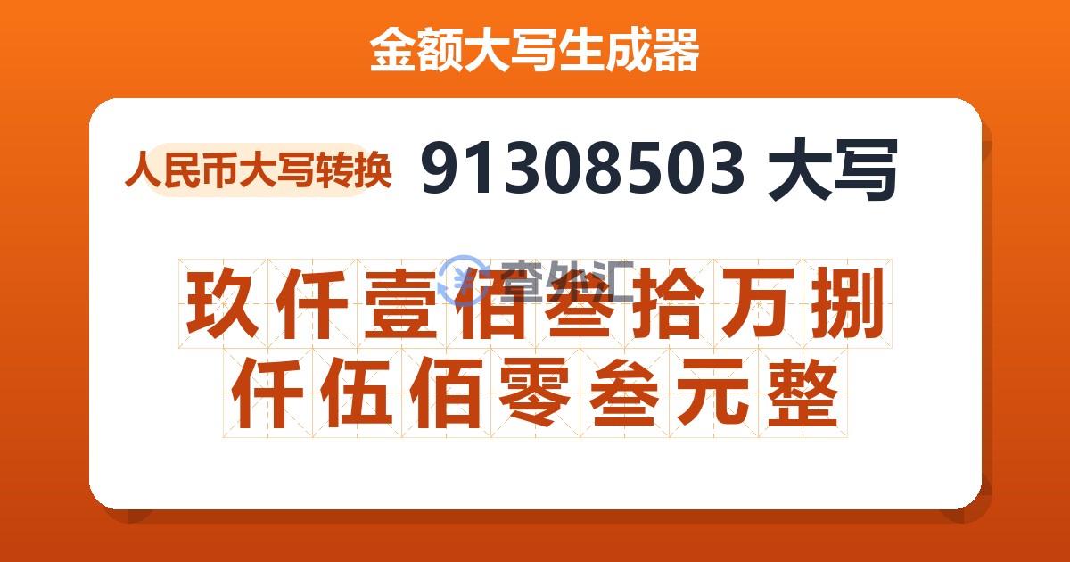 91308503大写 玖仟壹佰叁拾万捌仟伍佰零叁元整