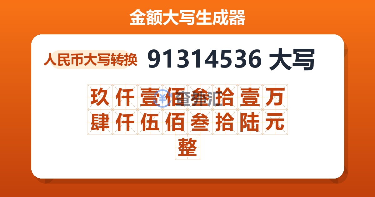 91314536大写 玖仟壹佰叁拾壹万肆仟伍佰叁拾陆元整