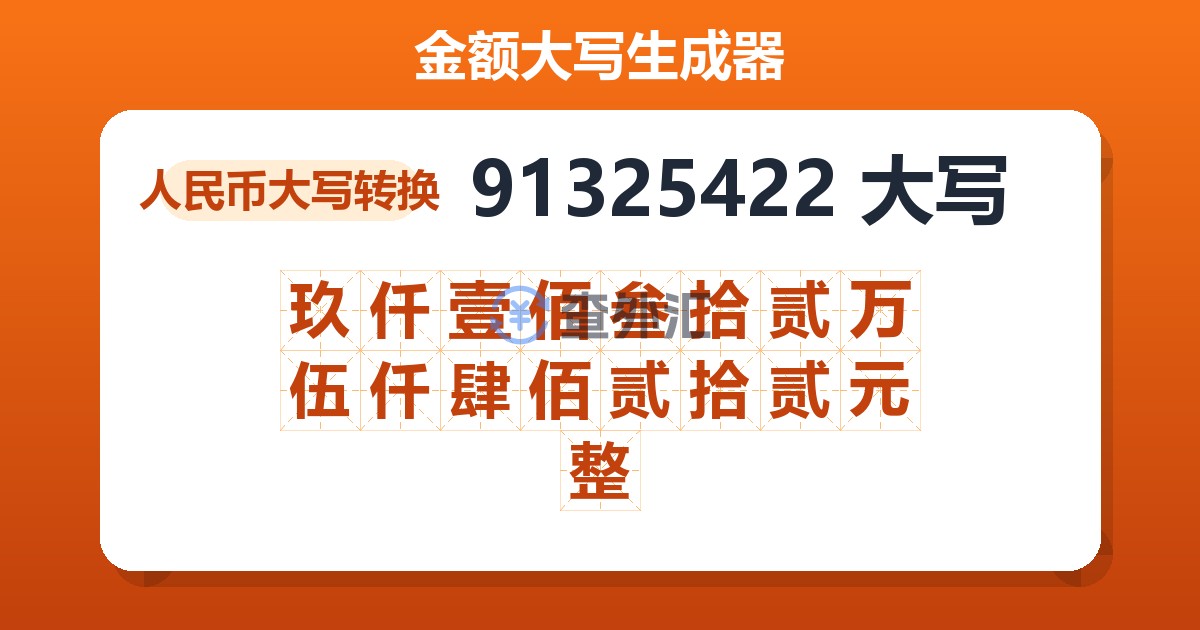 91325422大写 玖仟壹佰叁拾贰万伍仟肆佰贰拾贰元整