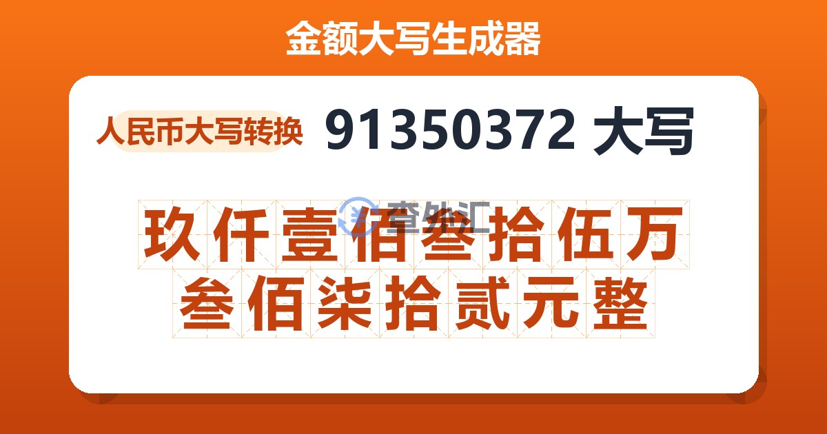 91350372大写 玖仟壹佰叁拾伍万叁佰柒拾贰元整