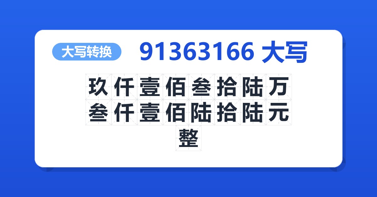 91363166大写 玖仟壹佰叁拾陆万叁仟壹佰陆拾陆元整
