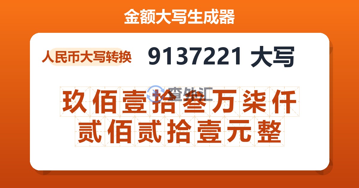 9137221大写 玖佰壹拾叁万柒仟贰佰贰拾壹元整