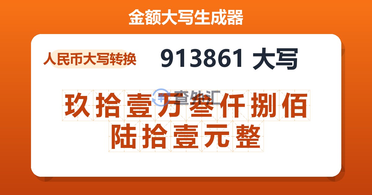 913861大写 玖拾壹万叁仟捌佰陆拾壹元整