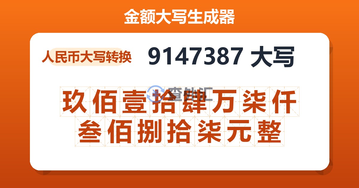 9147387大写 玖佰壹拾肆万柒仟叁佰捌拾柒元整