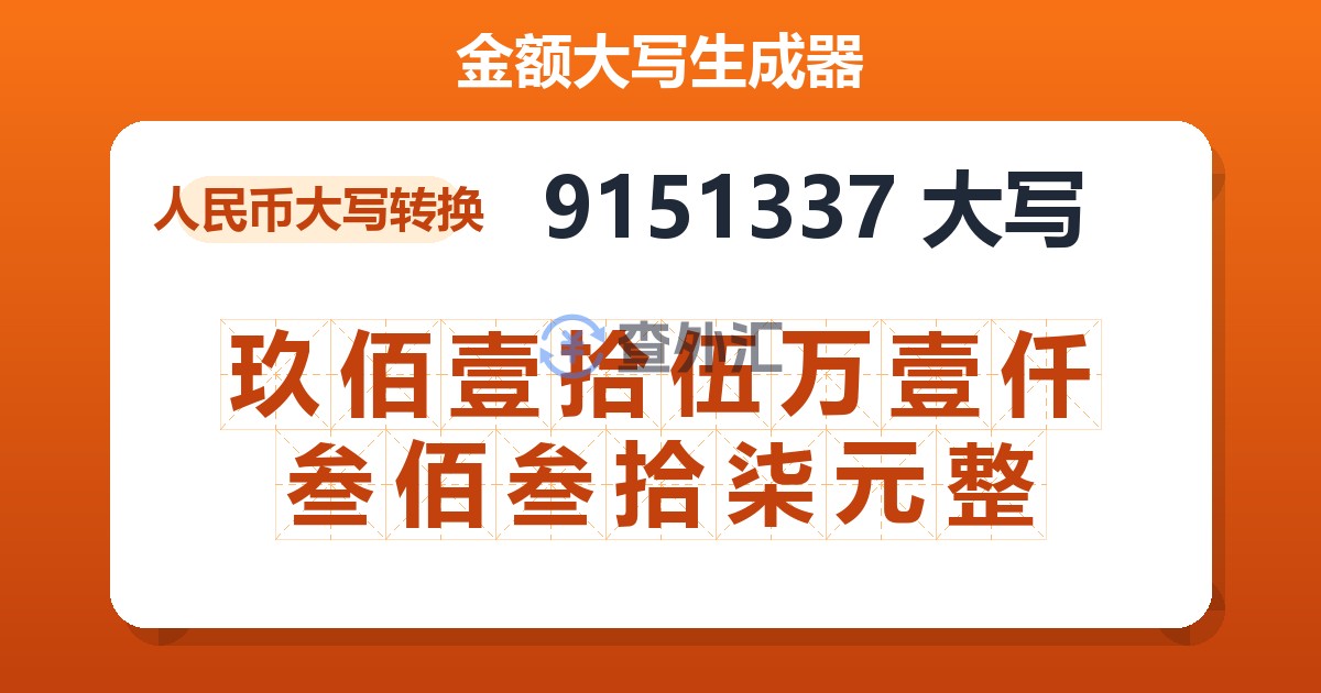 9151337大写 玖佰壹拾伍万壹仟叁佰叁拾柒元整