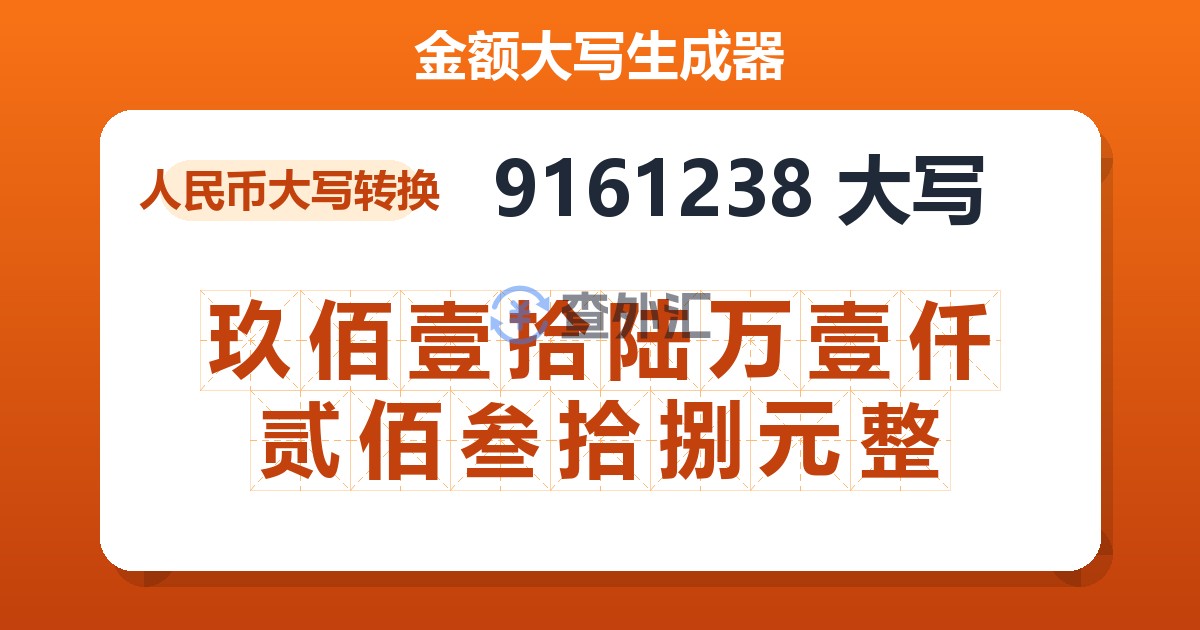 9161238大写 玖佰壹拾陆万壹仟贰佰叁拾捌元整