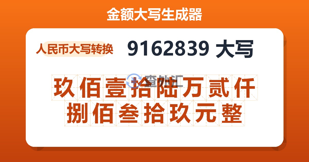 9162839大写 玖佰壹拾陆万贰仟捌佰叁拾玖元整