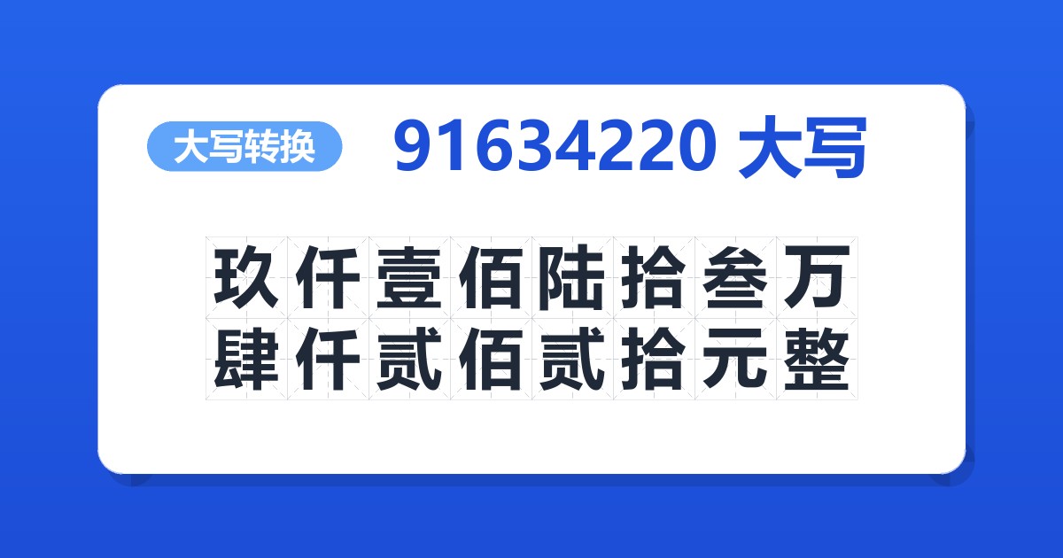 91634220大写 玖仟壹佰陆拾叁万肆仟贰佰贰拾元整