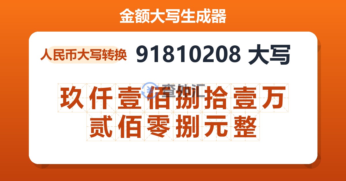91810208大写 玖仟壹佰捌拾壹万贰佰零捌元整