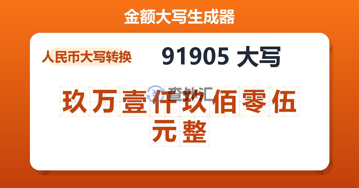 91905大写 玖万壹仟玖佰零伍元整